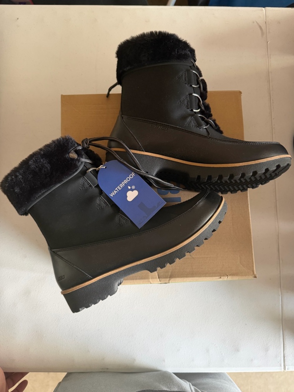 JBU Women's Black Winter Lace-Up Waterproof Boots with Faux-Fur Collar